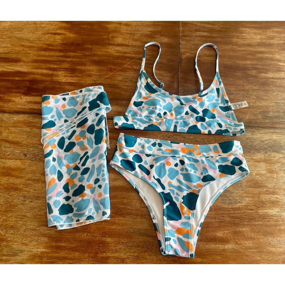 Abstract Pebble Print 3 Piece Bikini Set Matching Sarong Blue Orange Size Medium
